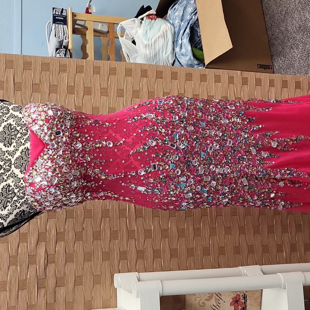 Bright pink sparkly strapless prom dress